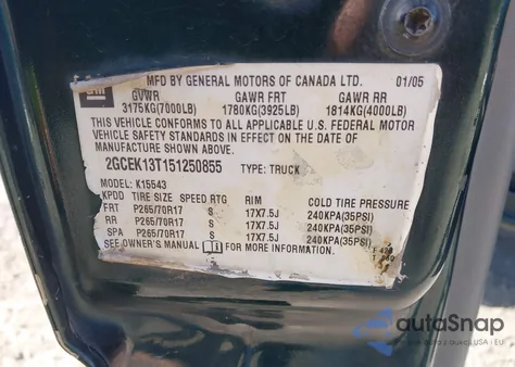 2005 Chevrolet Silverado 1500 Z71 from USA, damaged, VIN 2GCEK13T151250855